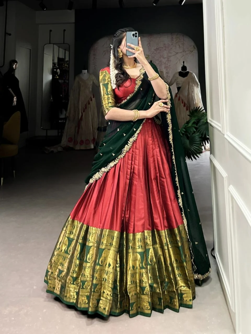 Mango Yellow with Magenta Pink Kanchipuram Silk Lehenga